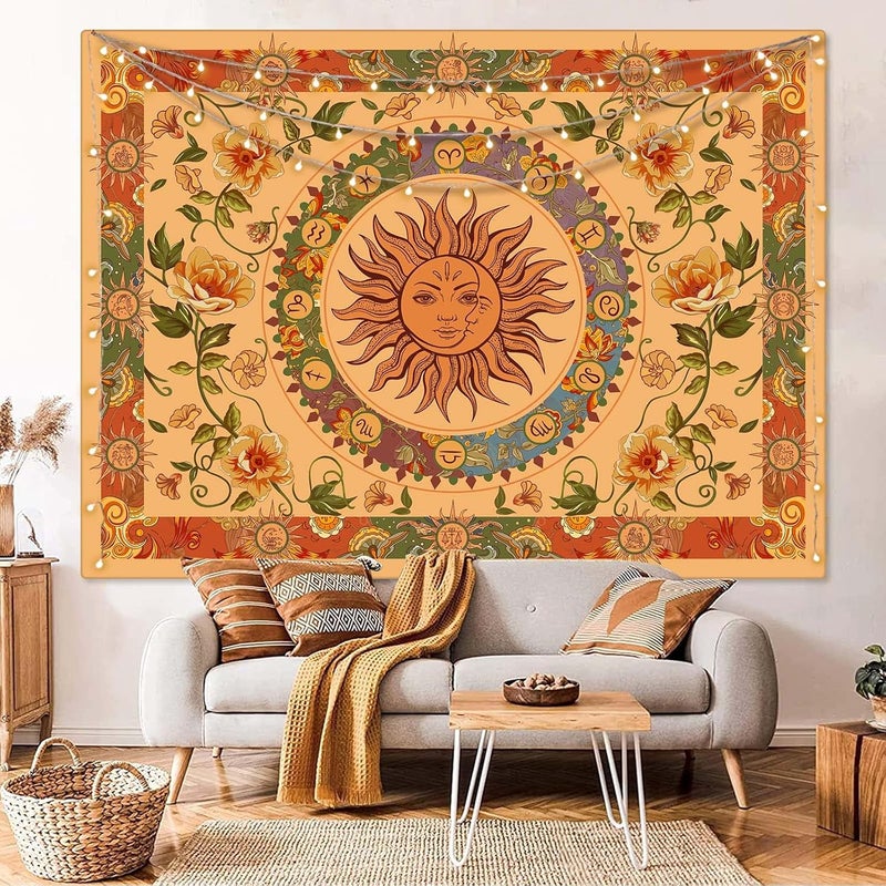 Aipon Yellow Sun and Moon Tapestry Indie Tapestries Boho Orange Flower Floral Tapestry Wall Hanging Cool Vintage Aesthetic Wall Tapestry for Bedroom Living Room Dorm (90.6'' × 70.8'', Orange) - Image 2